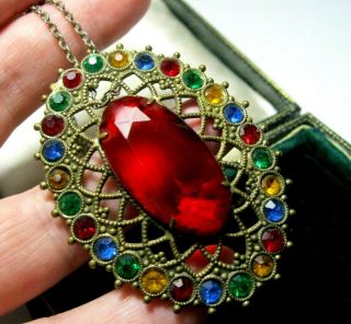 Antique Vintage Art Deco Jewellery Rainbow Crystal Rhinestone Pendant Necklace 8