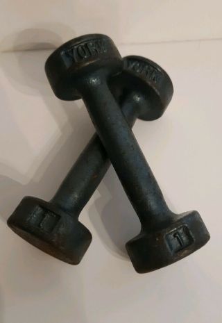 Vintage Pair / Set York 1lb Dumbbell Hand Weight Cast Iron Pre Usa Stamp Small
