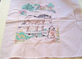Vintage Completed Embroidery Pillow Cover Horse Dog Country Scene 16 "