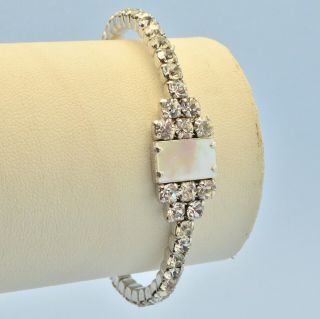 Vintage Cuff Bracelet 1950s Clear Crystal Mother Of Pearl Silvertone Jewellery