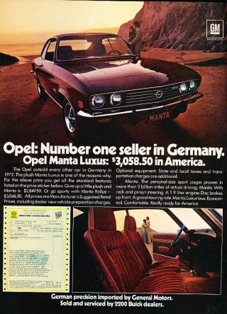 1973 Opel Manta Luxus - Germany - Classic Vintage Advertisement Ad A63 - B