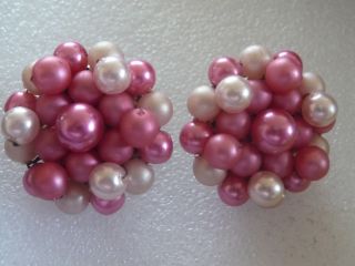 Vintage Pinks Beaded Flower Clip On Earrings 1950 - 60 