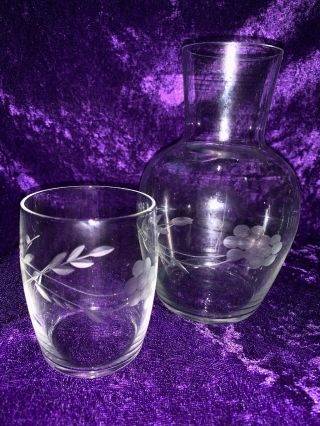 Vintage Bed Side Water Wine Etched Flower Glass 6” Carafe And Glass