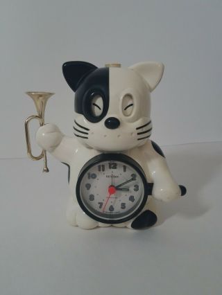 Vintage Rhythm Japan Clock Black White Dog W/ Trumpet Loud Alarm & Clock