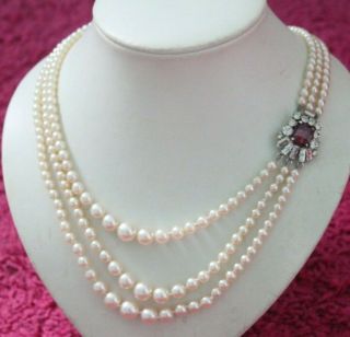 Vintage Faux Pearl Triple Stranded Necklace With Crystal Side Clasp