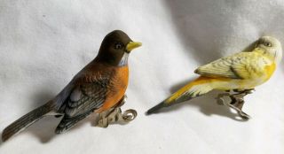 2 Vintage Porcelain Bisque Clip - On Birds A Robin & Parakeet Tree Ornaments Japan