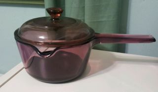 Vintage 1 Ltr Cranberry Vision Corning Sauce Glass Pot Pour Spout Teflon Bottom