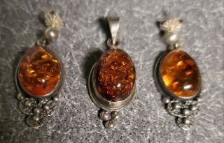 5 Vintage.  925 Sterling Silver Amber Pierced Earrings & Pendant Set