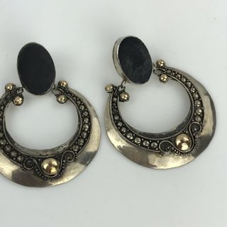 Vintage 925 Sterling Silver Vintage Black Onyx Hoop Embossed Brass Earrings