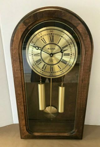 Vintage Bulova 4 - Chime Pendulum Wall Clock Oak Cabinet Gold Toned Brass Face