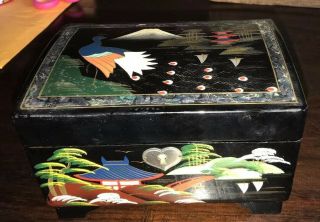 Vintage Japanese Hand Painted Black Lacquer W/inlay Music Jewelry Box