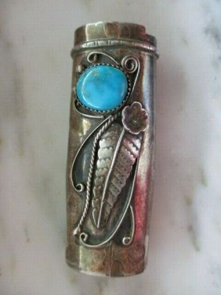 Vintage Southwestern Sterling Silver & Turquoise Disposable Lighter Case