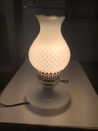 Vintage Milk Glass Hobnail Hurricane Vanity Table Lamp 11”tall.