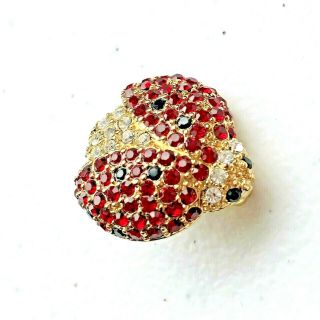 Monet Ladybug Brooch Rhinestone Red Black Clear Scatter Pin Signed Gold Tone Vtg