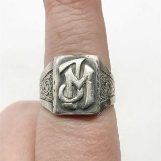 Vintage Solid Silver Initials J M Signet Ring Celtic Modernist Ring Size S