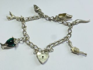 Vintage Sterling Silver Charm Bracelet With Heart And 6 Charms 19g 18cm Cb11