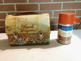 Vintage 1958 Aladdin Chuck Wagon Dome Top Lunch Box With Thermos