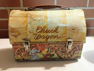 Vintage 1958 Aladdin Chuck Wagon Dome Top Lunch Box With Thermos 2