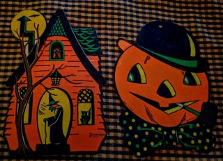 Vintage Halloween Beistle Diecut Witch House & Scarecrow Pumpkin 1960s Cat Owl