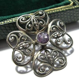 Vintage Jewellery Art Nouveau Solid Sterling Silver Amethyst Gemstone Pin Brooch