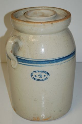 Vintage Davis Brothers Pottery 15 " Blue Stripe 4 Gallon Churn With Lid