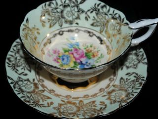 Vtg Royal Stafford England Footed Tea Cup Saucer Set Gold Floral Green
