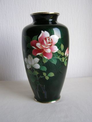 Vintage Japanese Ginbari Cloisonne Vase With Roses On Green Ground 18 Cm High