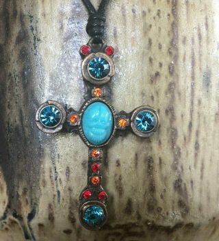 Vintage Konplott Miranda Konstantinidou Cross Pendant On Leather Necklace