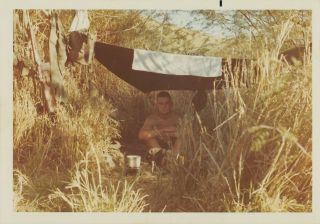 Shirtless Soldier Survivalist Beefcake Man Knife Tarp Tent Vtg Gay Int Photo 227