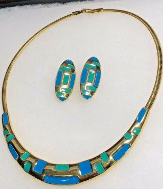 Vintage Trifari Blue & Green Enamel Choker Necklace & Pierced Earrings Gold Tone
