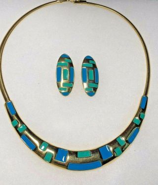 Vintage Trifari Blue & Green Enamel Choker Necklace & Pierced Earrings Gold Tone 2