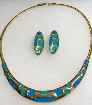 Vintage Trifari Blue & Green Enamel Choker Necklace & Pierced Earrings Gold Tone 3