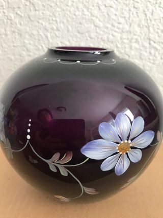 Vintage Artist Signed Fenton Dark Purple Art Glass Vase Enamel Flowers