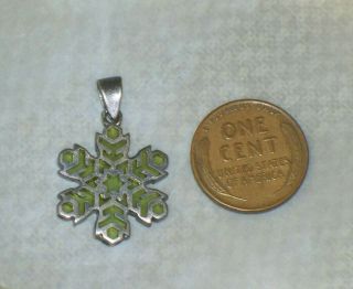 Vintage Sterling Silver Snowflake Green Enamel Pendant Plique A Jour Charm 925
