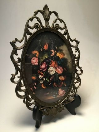 Vintage Oval Ornate Metal Frame With Convex Glass Floral Print Made In Italy