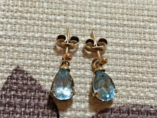 Quality Vintage 9 Ct Gold Earrings Set With Blue Gem Stones.