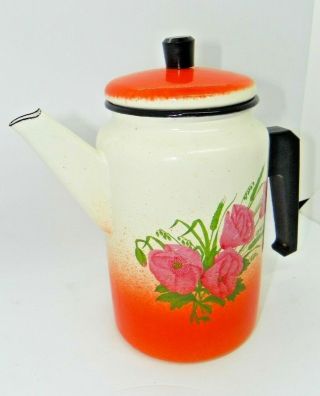 Vintage Metal Enamel Teapot Coffee Pot Retro 1970 ' s (?) Floral Orange White 2