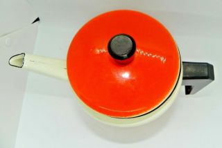 Vintage Metal Enamel Teapot Coffee Pot Retro 1970 ' s (?) Floral Orange White 3