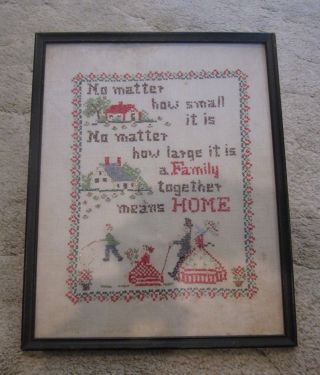 Antique Cross Stitch Embroidery Framed Vintage Needlepoint Family Home