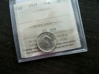 Vintage Canada 10 Cent Silver 1937 Quality Icc.  S Ms63 C458