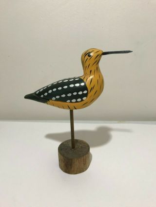 Vintage Carved Hand Painted Yellow Black Wood Bird Figure Sandpiper 8 "