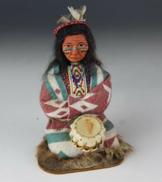 Vtg Skookum ?? Native American Indian Chief Hand Crafted Doll Figure W Drum Sms