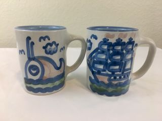 Set Of 2 " Low Tide " Mugs Vintage M.  A.  Hadley Pottery Clipper Ship Boat,  Whale