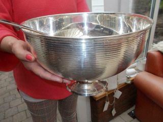 Very Large Silver Plated Vintage Punch Bowl Double Sided Ladle In Good Order