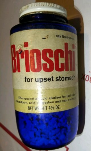 Vintage Brioschi Effervescent Antacid Blue Glass Bottle