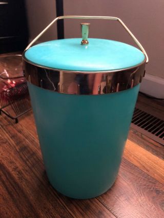 Mid Century Atomic Modern Turquoise/aqua Chrome Ice Bucket Vtg With Lid & Handle