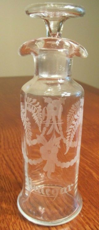 Vintage Vinegar & Oil Cruet 7 " Tall Including Stopper Etched Glass Floral Scene