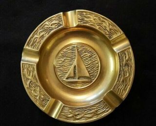 Vintage Solid Brass Cigar Ashtray With Sailboat & Seagulls