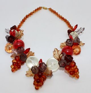 Vintage Lucite Fruit & Flowers Necklace 19 - 1/2 Inches