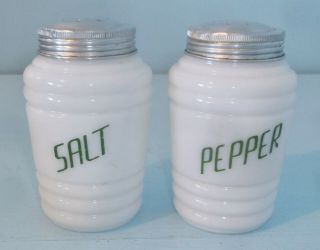 Vintage Milk Glass W/ Green Graphics Salt & Pepper Shakers Aluminum Caps